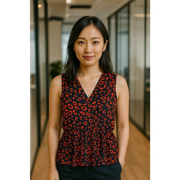 Escapada Top NWT Size Small Navy Orange Cheetah Sleeveless Peplum Notch Popover - Picture 1 of 7